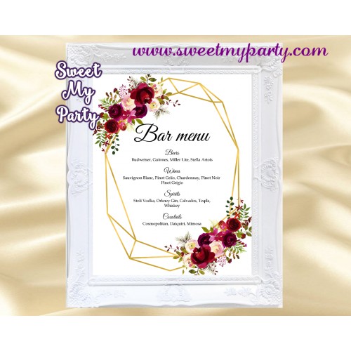 Geometric Bar Menu sign printable,Burgundy bar menu sign printable,(116w)